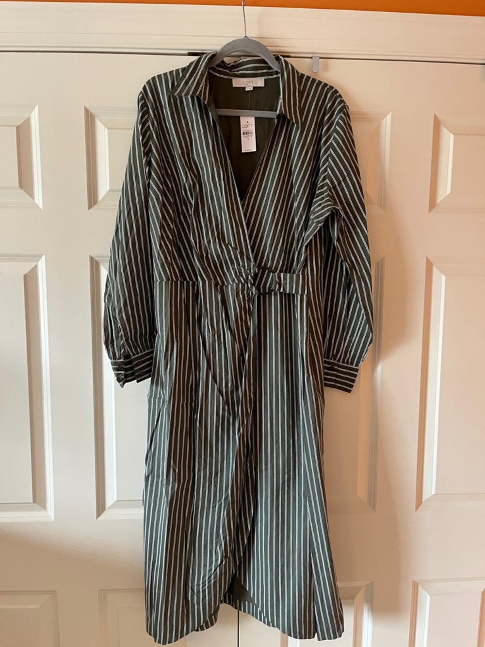 LOFT Olive & White Striped Wrap Shirtdress